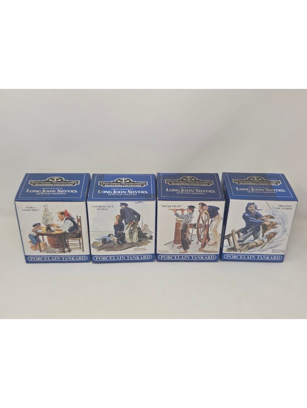 Long John Silvers Norman Rockwell Porcelain Tankard Complete Set 4 Boxed